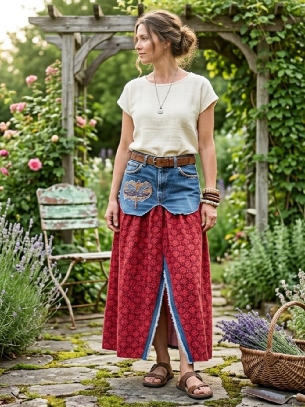 HAND CRAFTED Maxi Skirt UPCYCLED Blue Denim Dragonfly Fringed  Red Print Size 12 - Picture 2 of 9